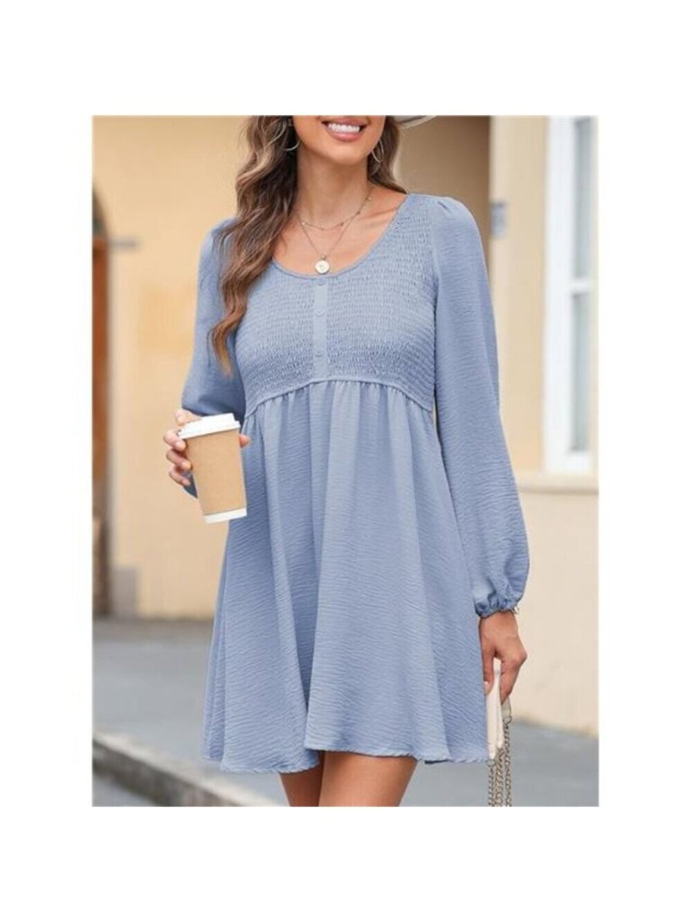 Womens 2025 Casual Dress Smocked Crewneck Button Up Long Sleeve Empire Sky Blue - Picture 3 of 4